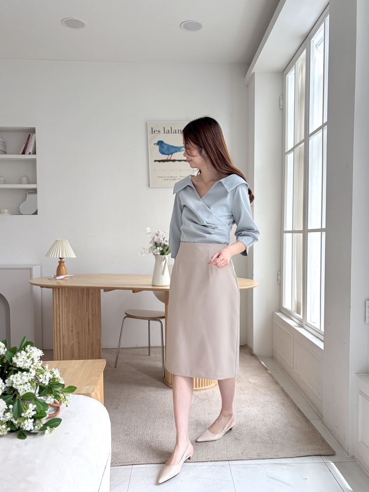 Camelia Wrap Collar Blouse (Blue)