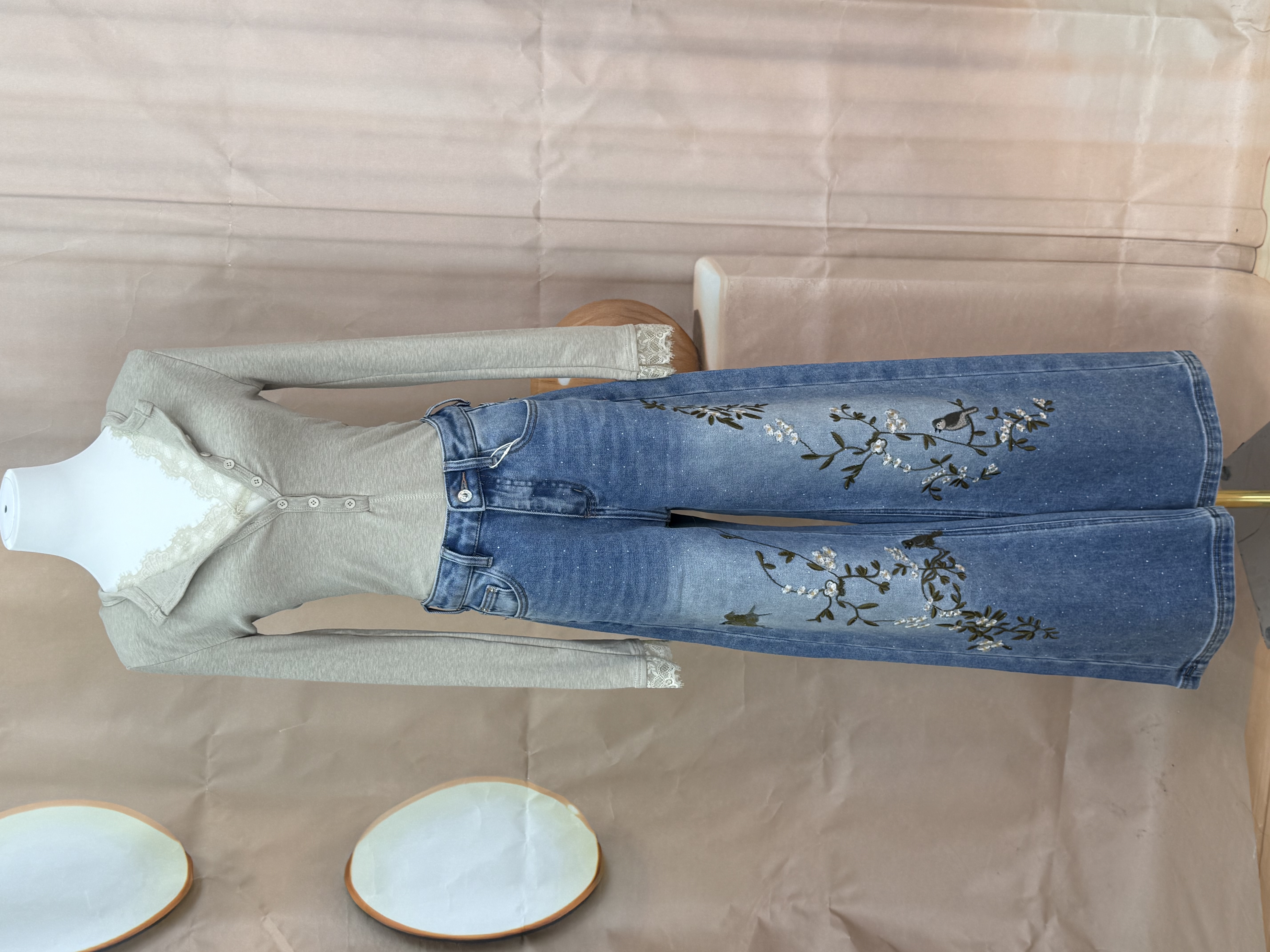 星芒刺绣花鸟裤