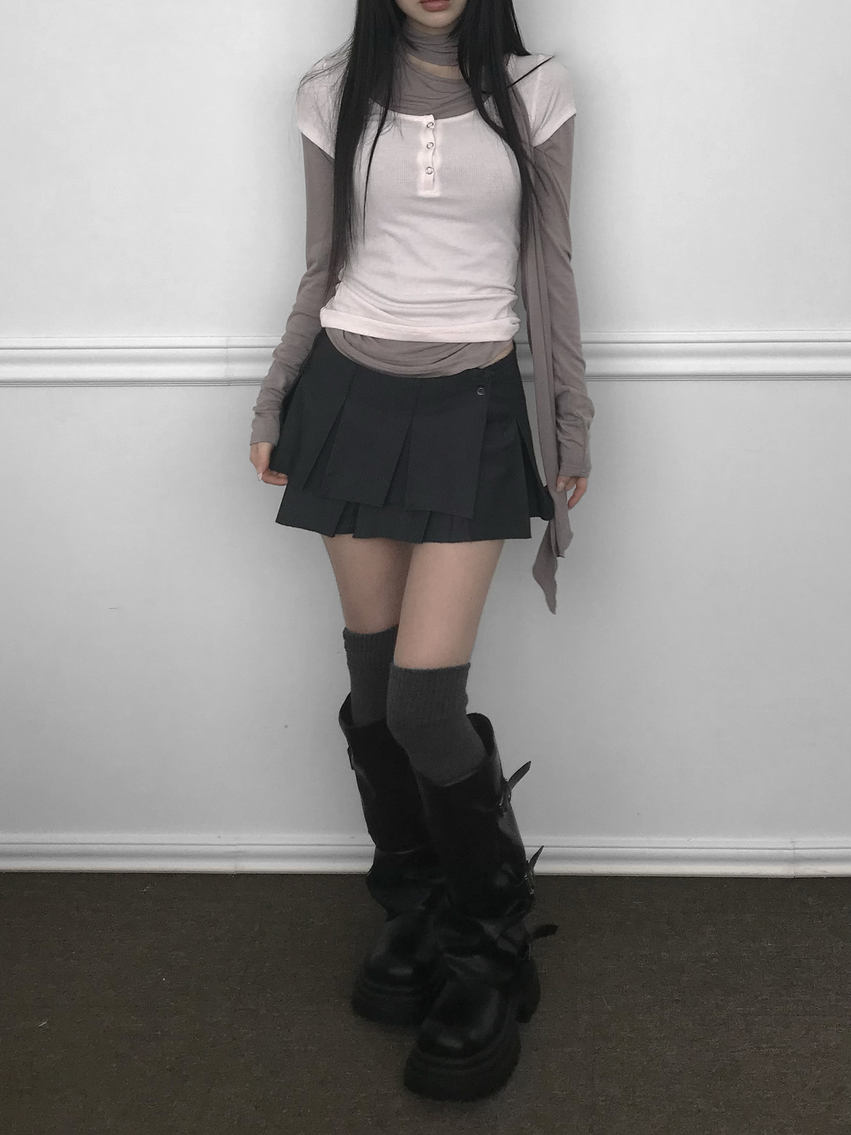 Ruched Button Long Sleeve with Scarf Tie