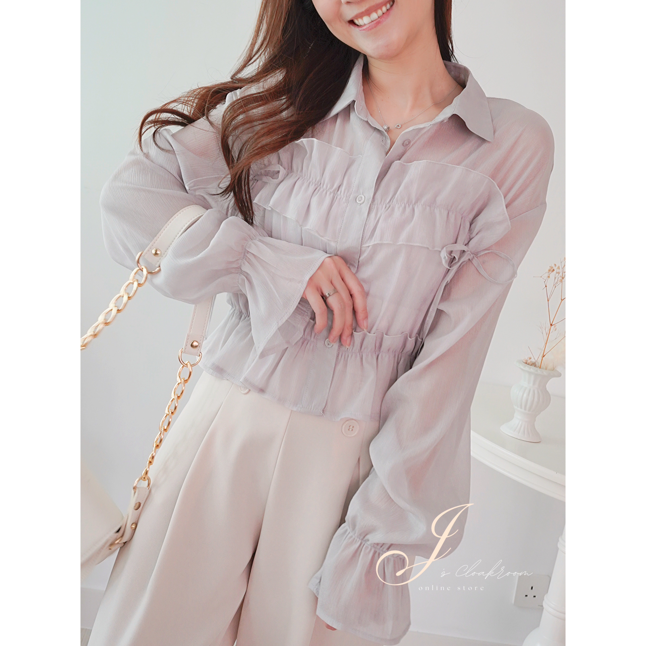 Ruffles雪紡短恤衫(JP)[淺灰色]359937