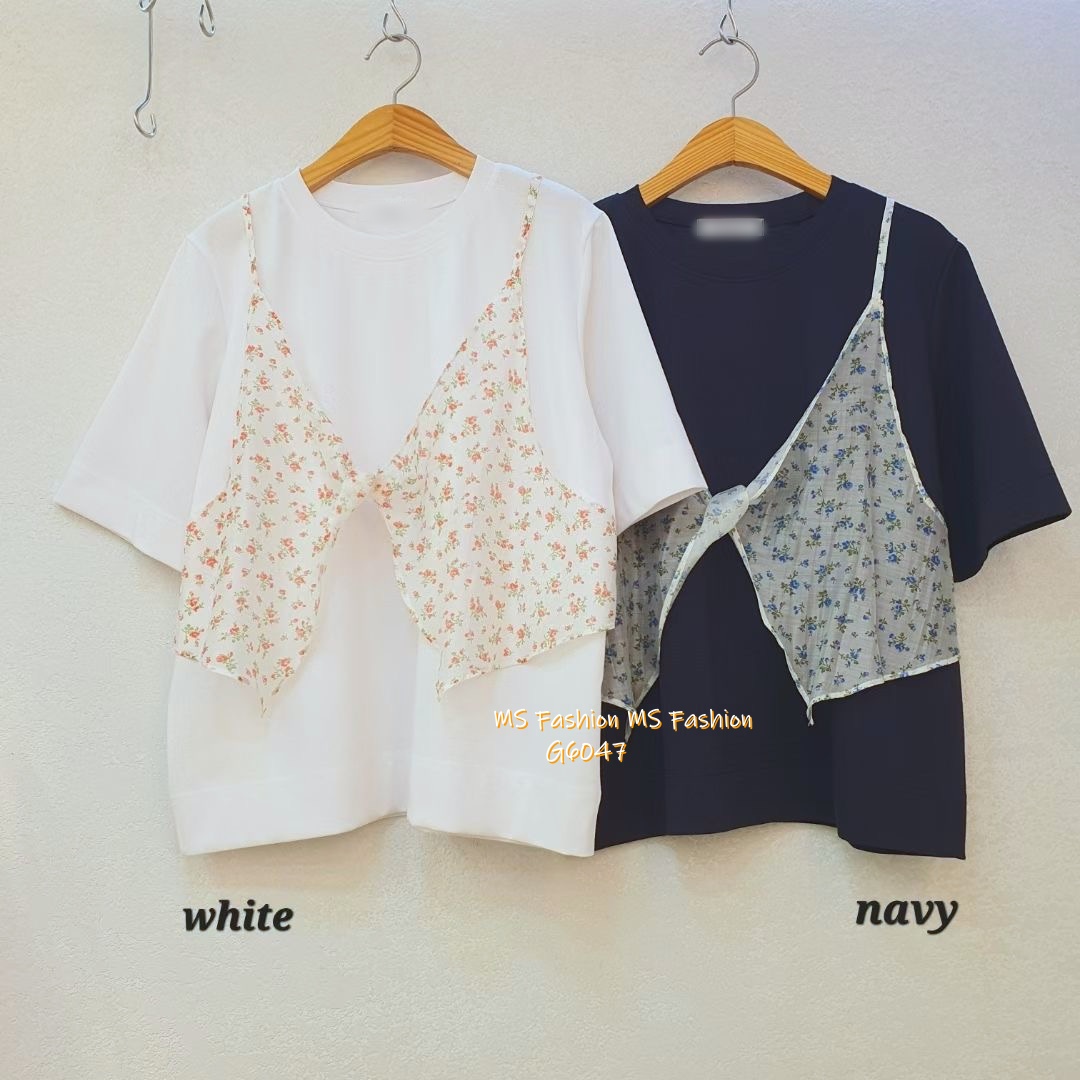 G6047 韓國🇰🇷假兩件拼碎花布top