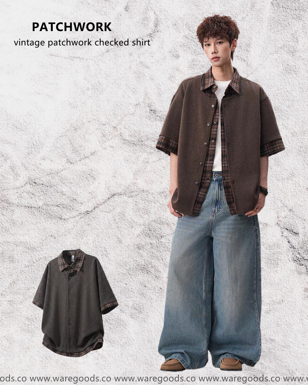 W2712格仔拼接假兩件短袖襯衫