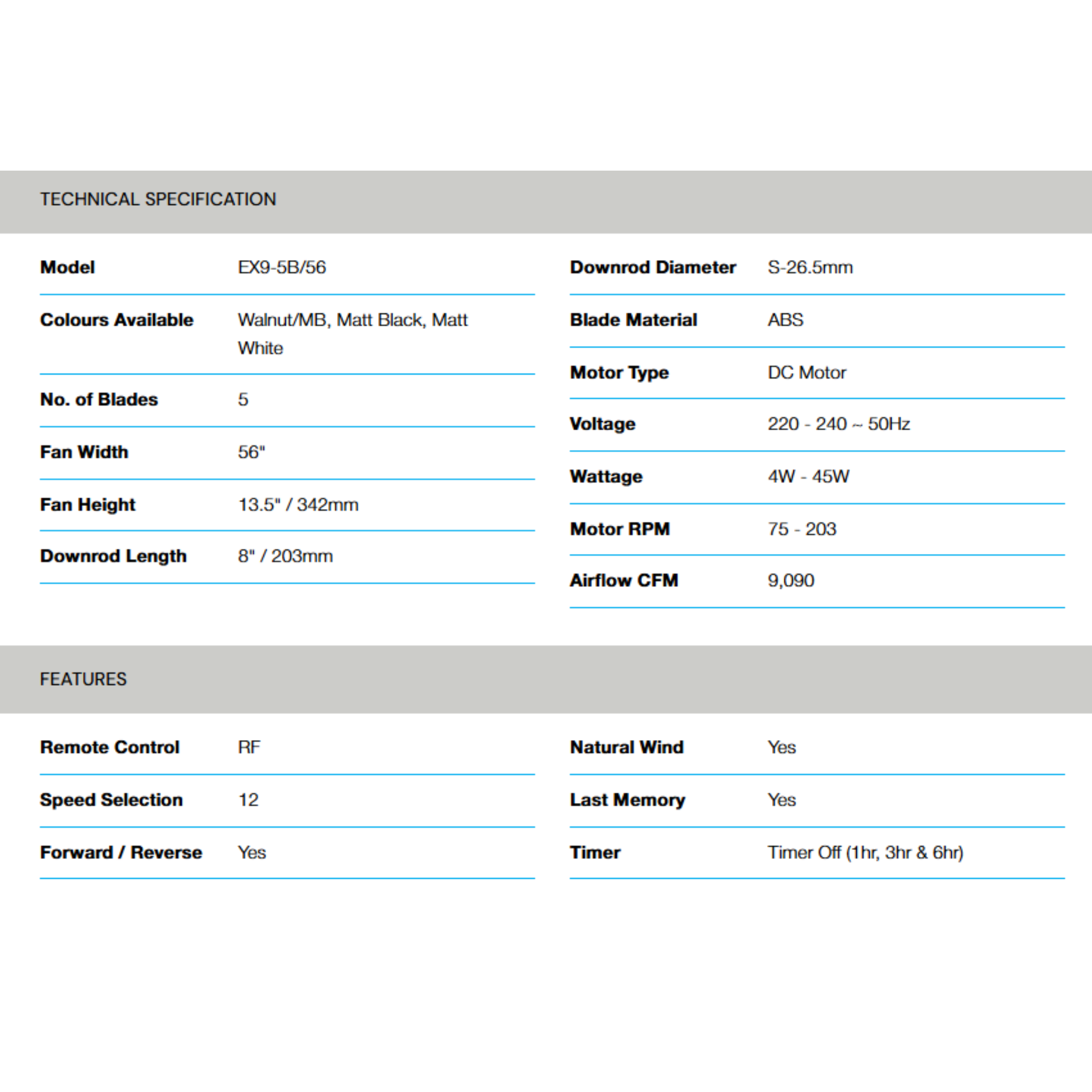 Alpha 56" EX9 AC Motor ABS Ceiling Fan (EX9-5B)