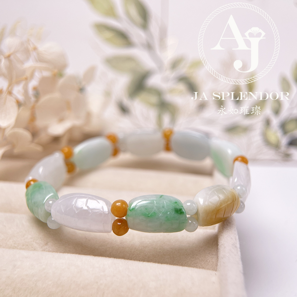 OF-06-C 天然翡翠A玉 - 冰潤三彩長壽吉祥龜貝手串