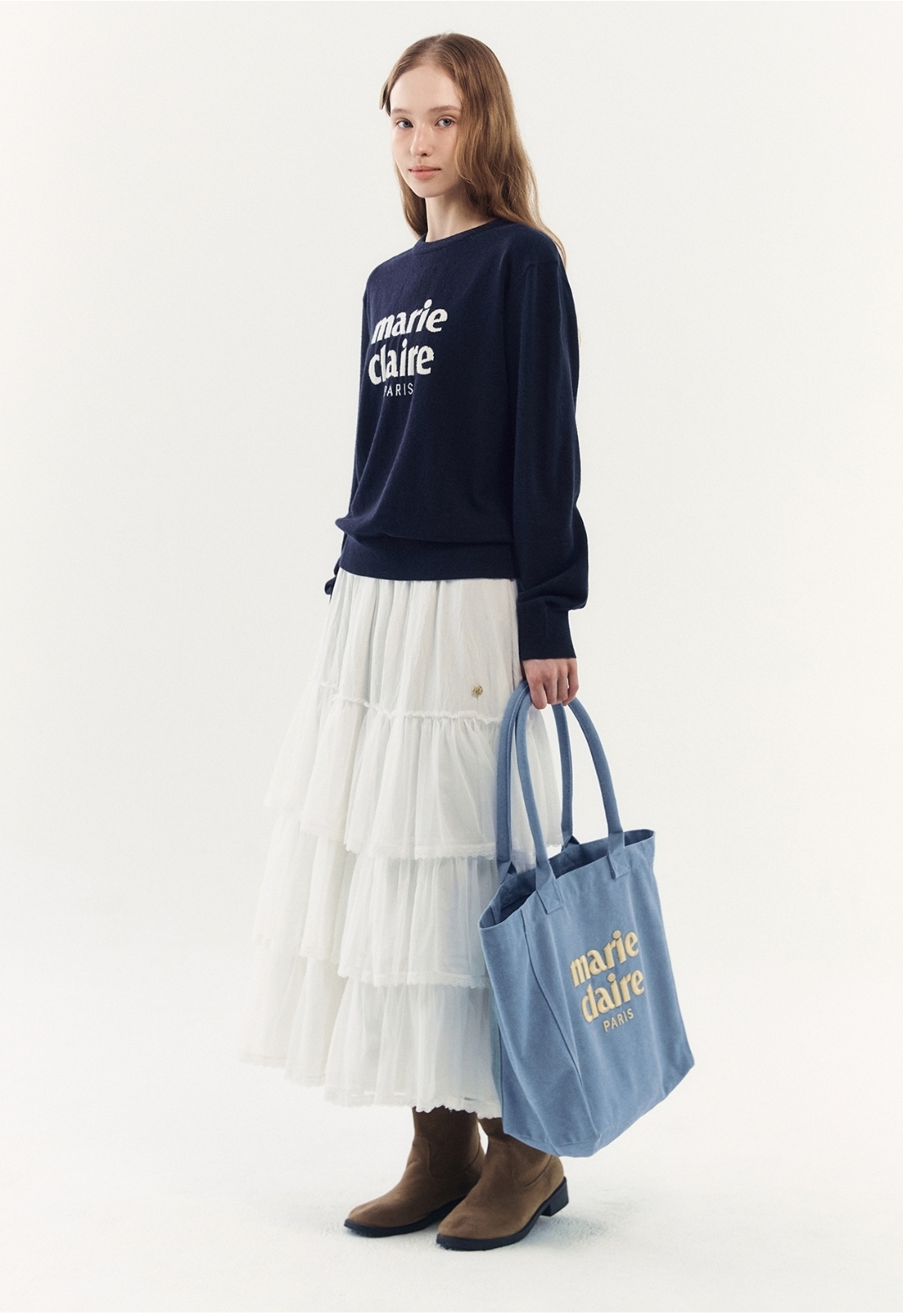 Marie Claire Essential Logo Jacquard Wool Round Knit 