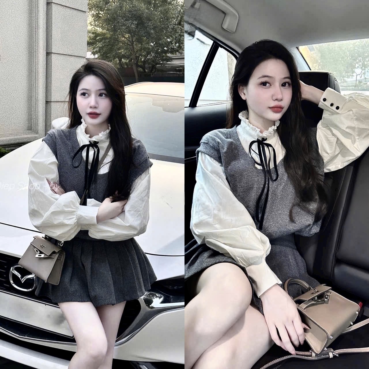 荷葉邊領襯衫及褶襬洋裝兩件套