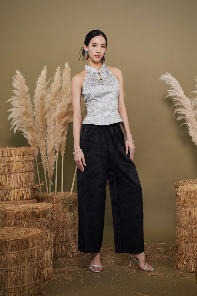 CB2790 Oriental Brocade Halter Peplum Top