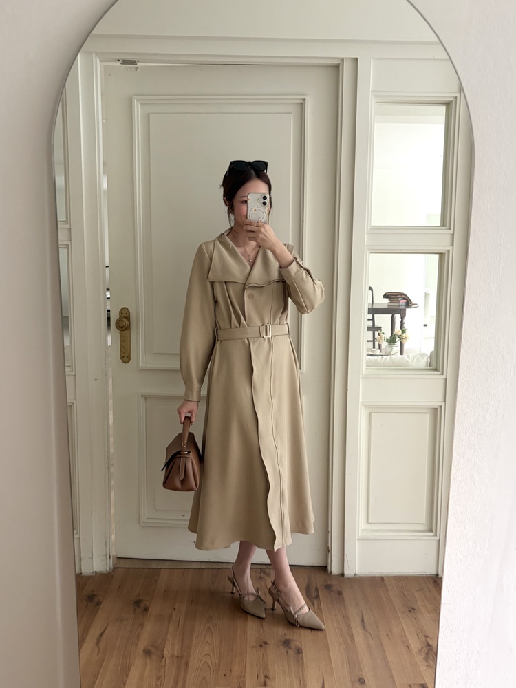 Classic Flared Trench Dress (Warm Beige)