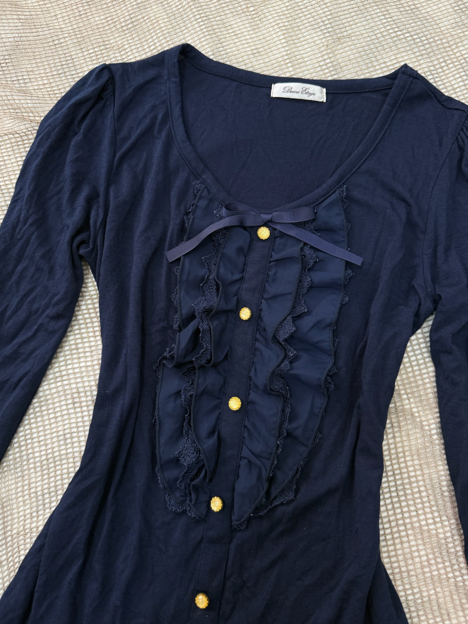 Navy Bow-Neck Ruffled Ribbed Top