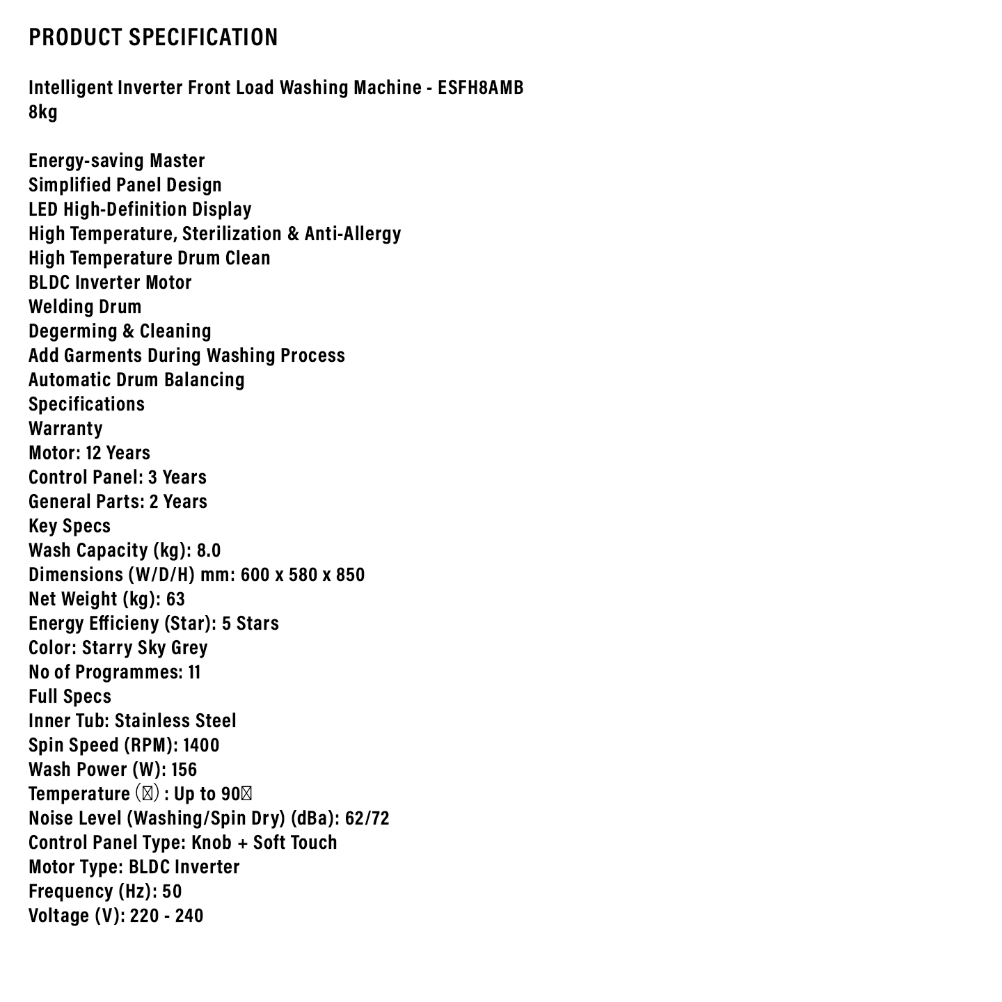 Sharp 8kg Inverter Front Load Washer (ESFH8AMB)