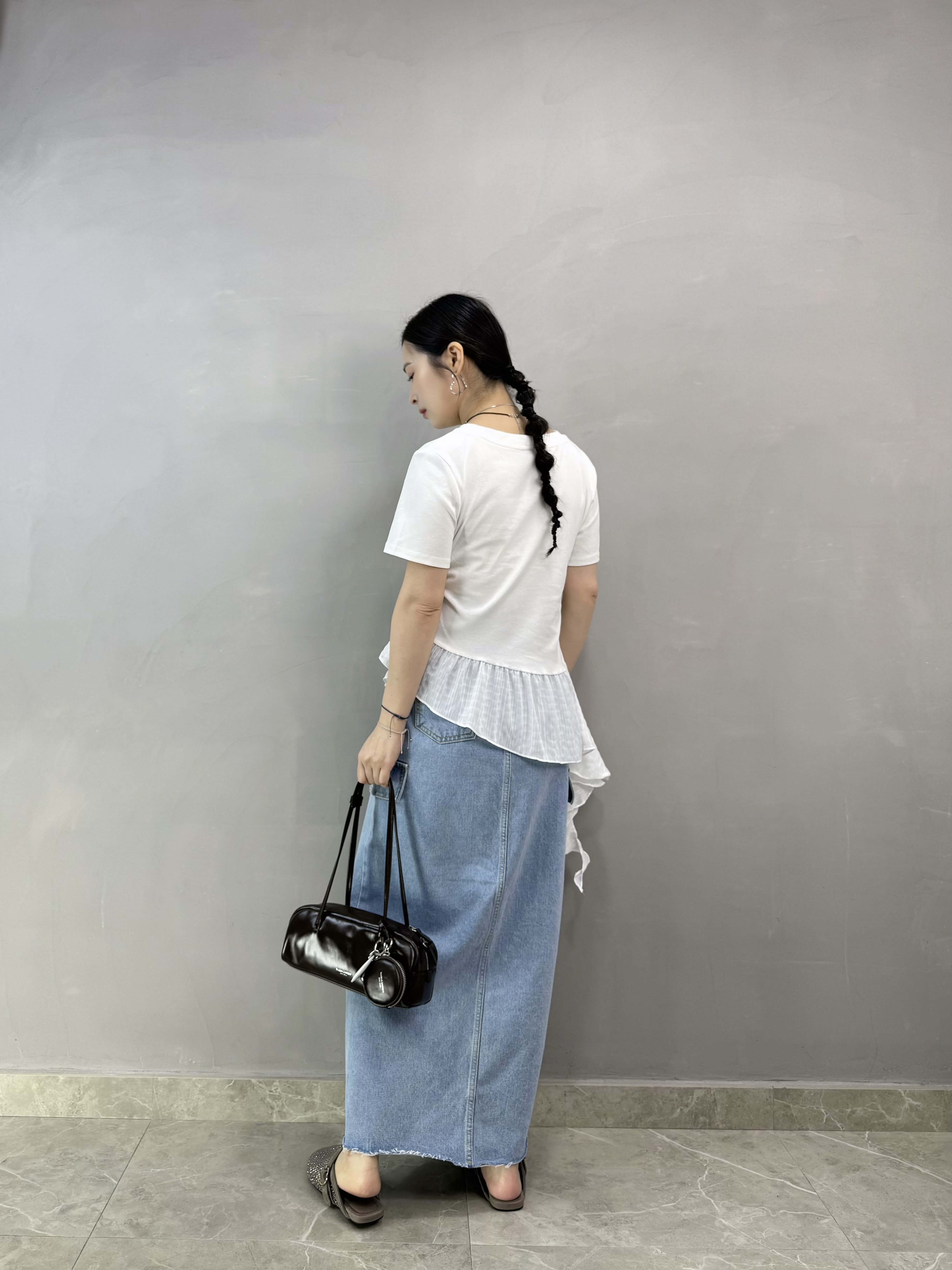 S76 棉質拼斜腳ruffle top