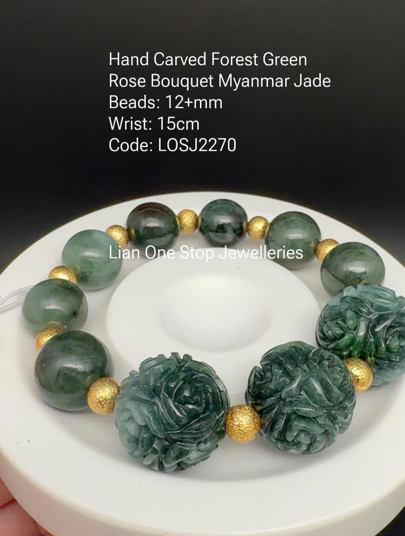 Code: LOSJ2270 Hand Carved Forest Green Rose Bouquet Myanmar Jade 