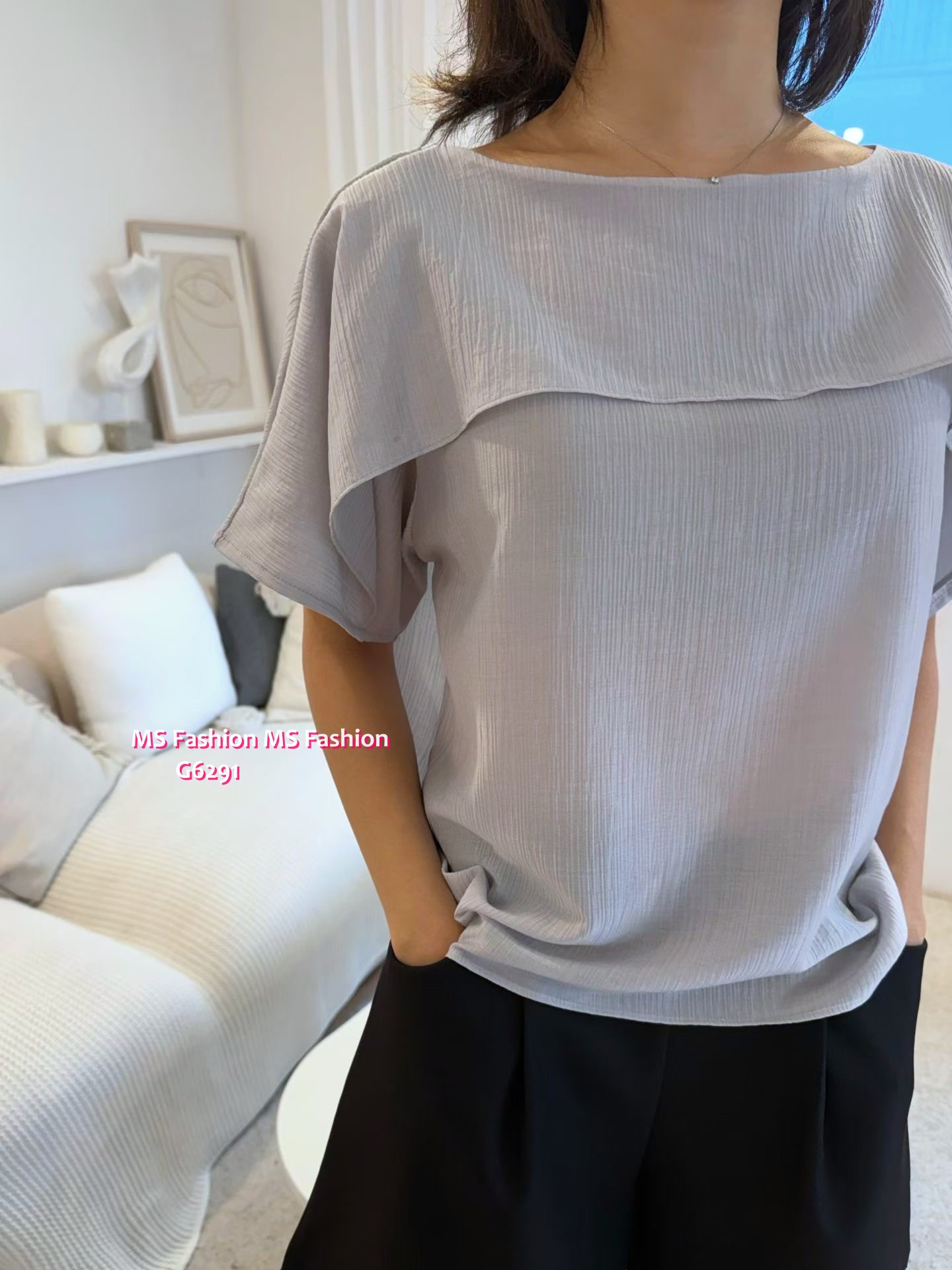 G6291 韓國🇰🇷暗紋淨色ruffle top