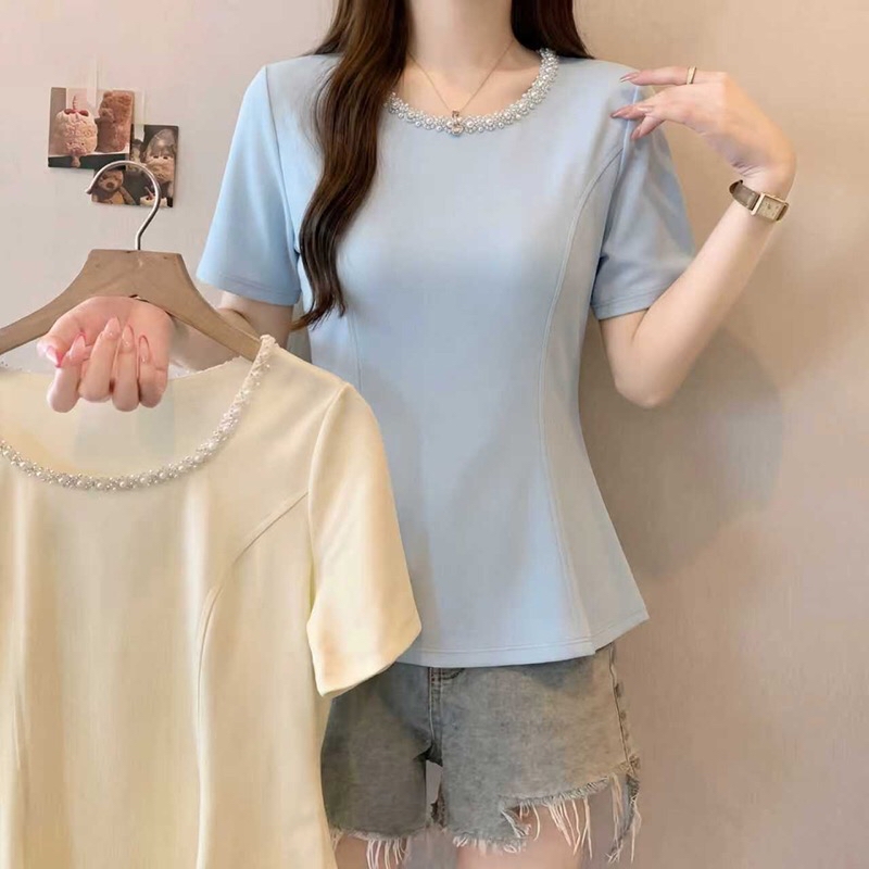 B224(36615) 韩系重工钉珠U领暗鱼骨纹4色上衣