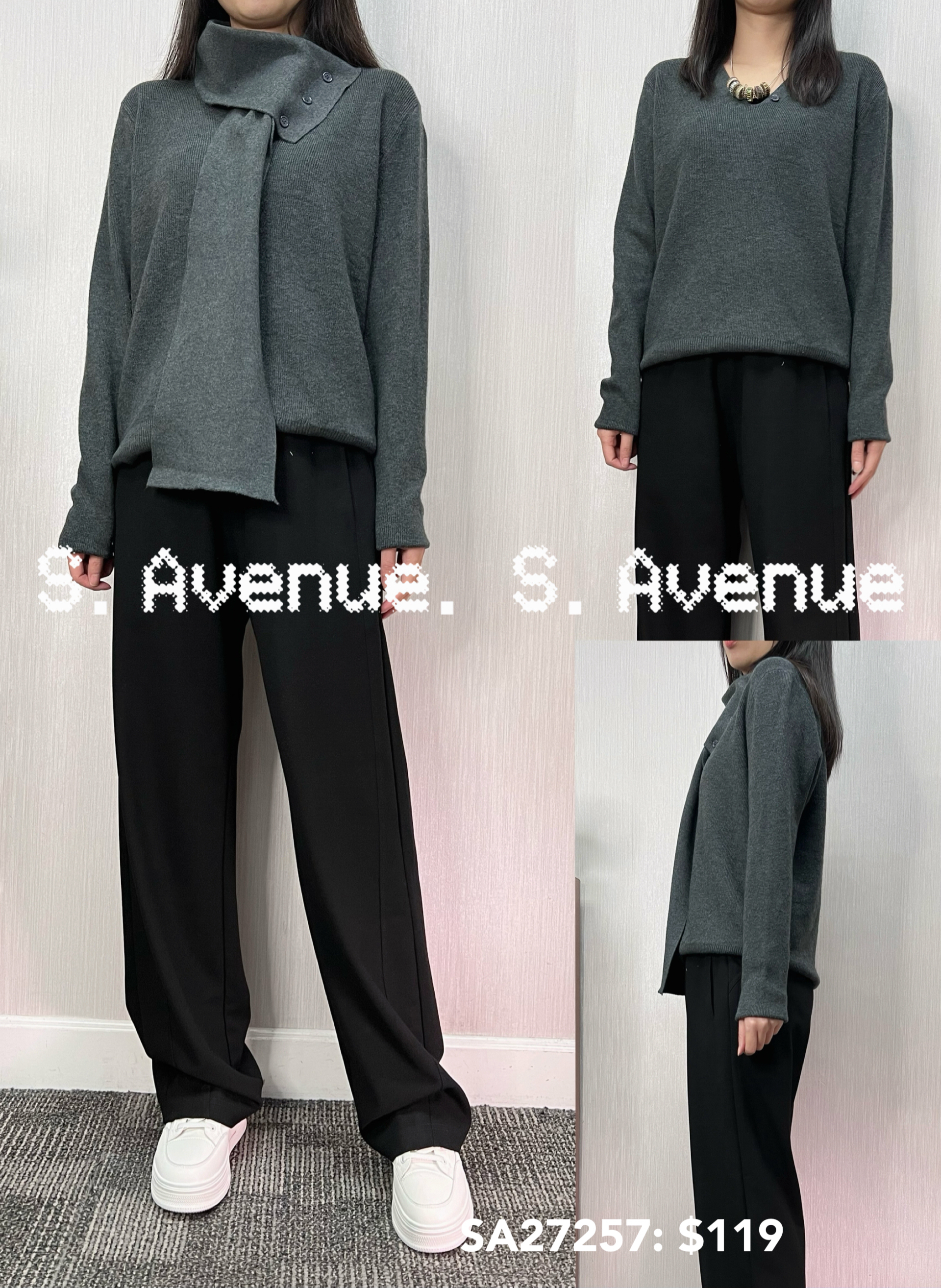 SA27257:長袖V領淨色冷top扣頸巾