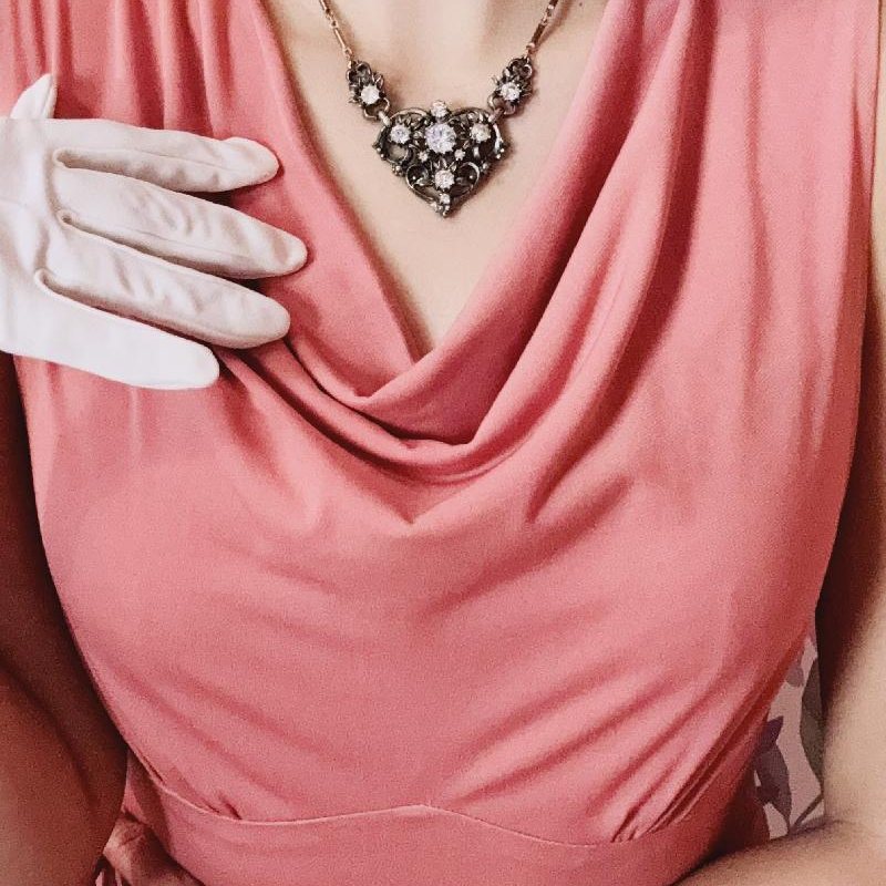 Vintage Stamped "Coro" Bejeweled Silver Tone Heart Shape Princess Necklace / Cocktail Necklace (EA1118)