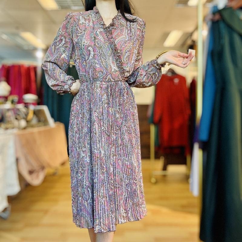 Vintage Purple Paisley Pattern Accordion Pleated Dress with Ruffle Trim (PP001-31)