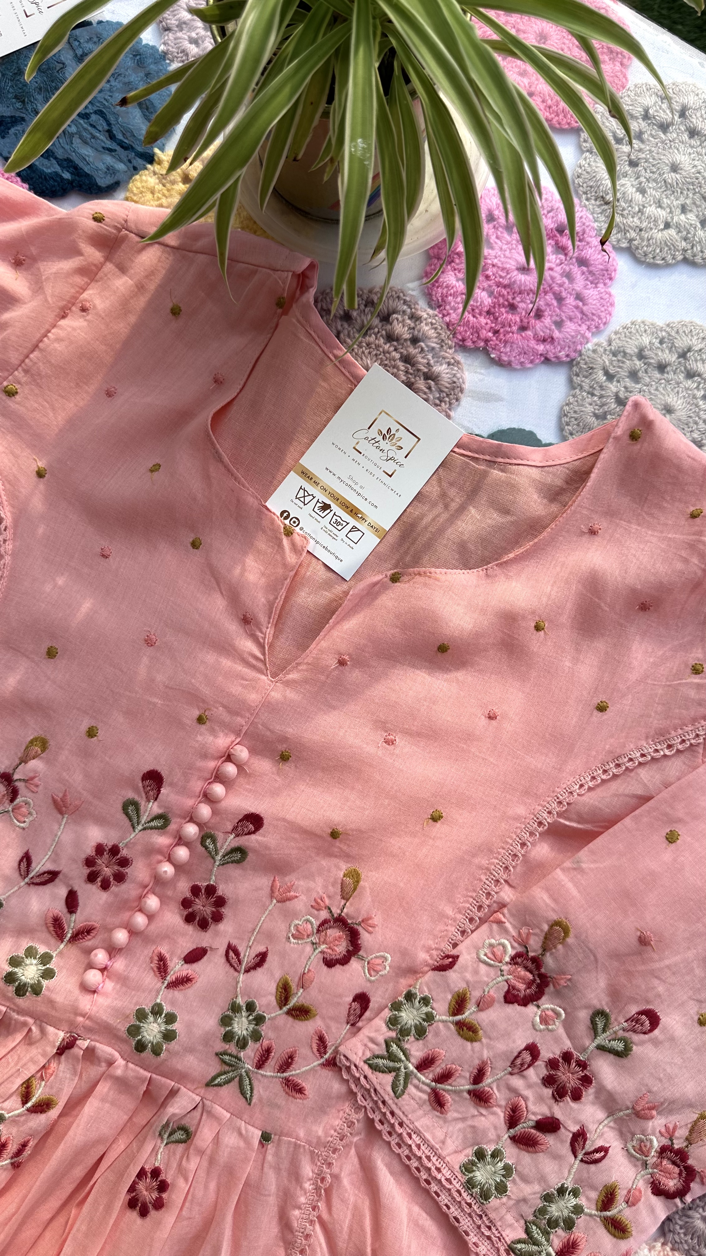 Baby Pink Embroidered Floral Print Kurta Set