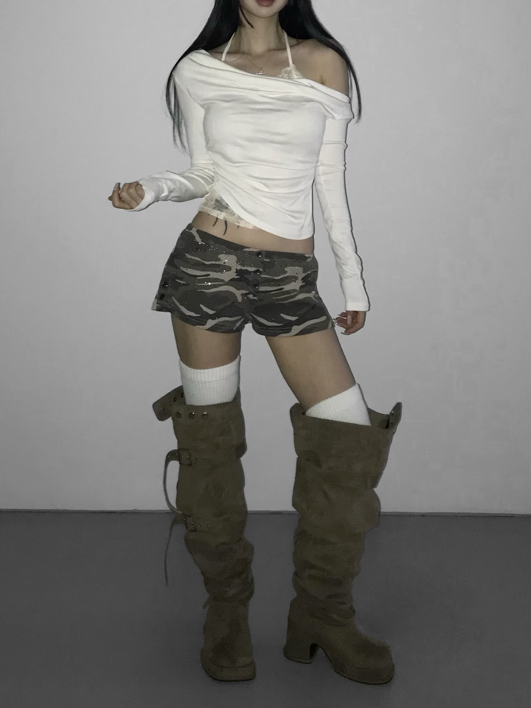 Waffle Knit Rhinestone Camo Shorts