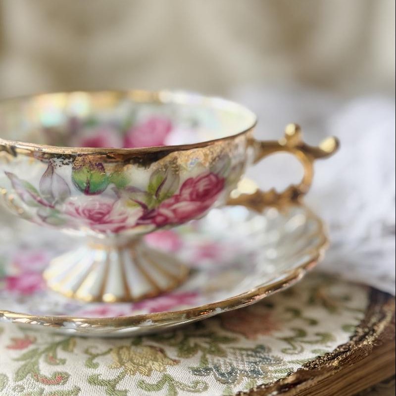 Vintage Mid-Century Castle Japan Floral Iridescent Tea Set Duo (MT2398)