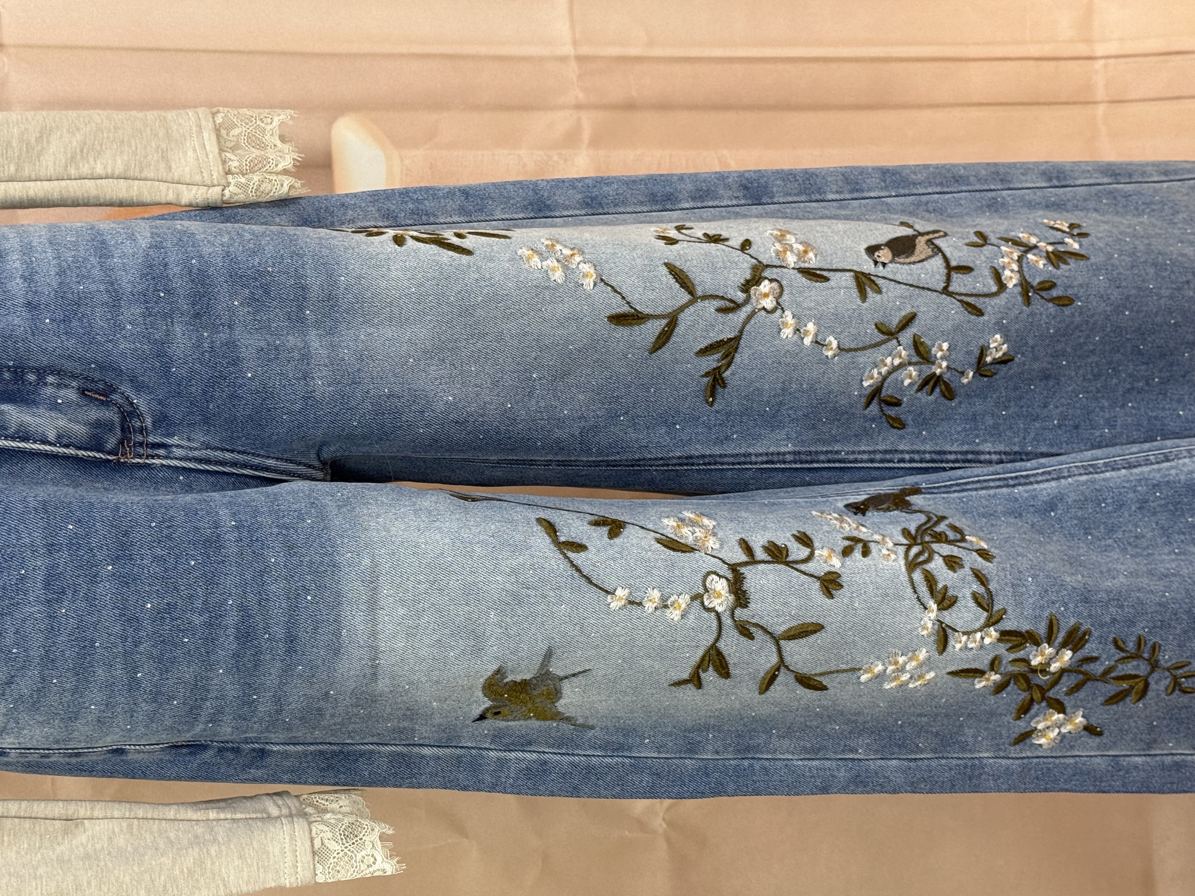 星芒刺绣花鸟裤