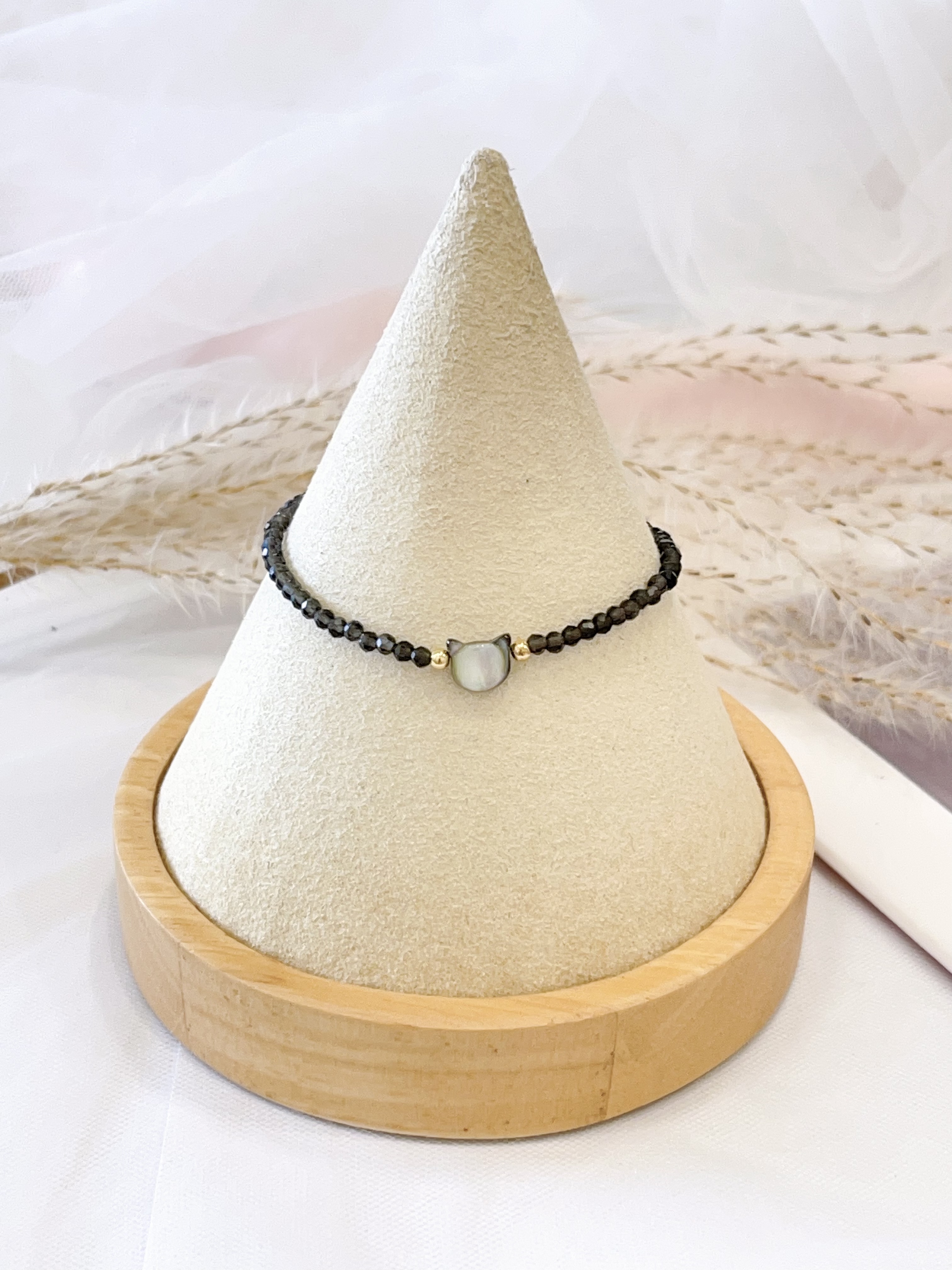 ⚫ 黑尖晶 × 银曜石小猫手串 Black Spinel & Silver Obsidian Cat Bracelet | 2mm