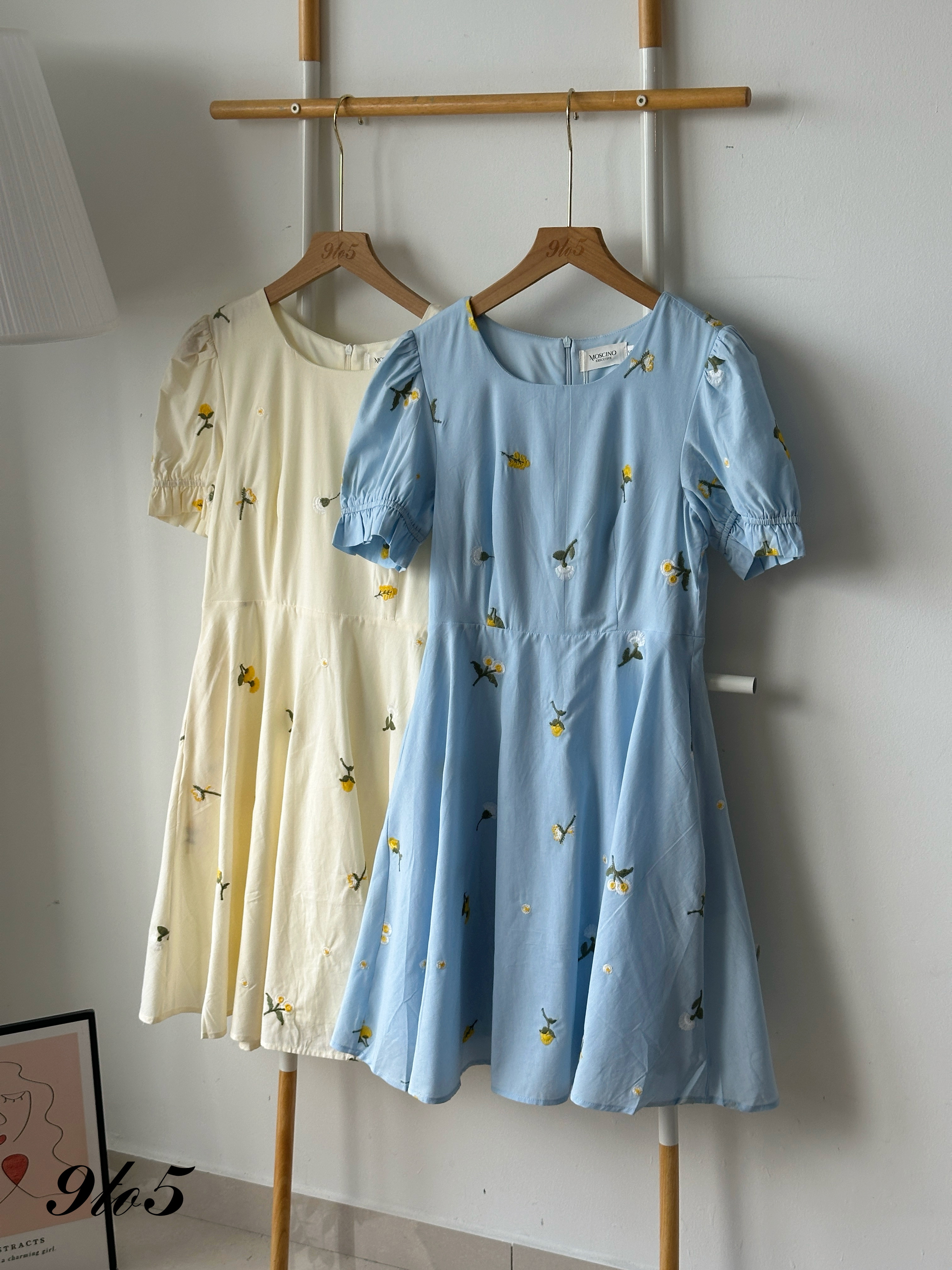 D2357 Puff Sleeve Floral Dress - Blue & Yellow