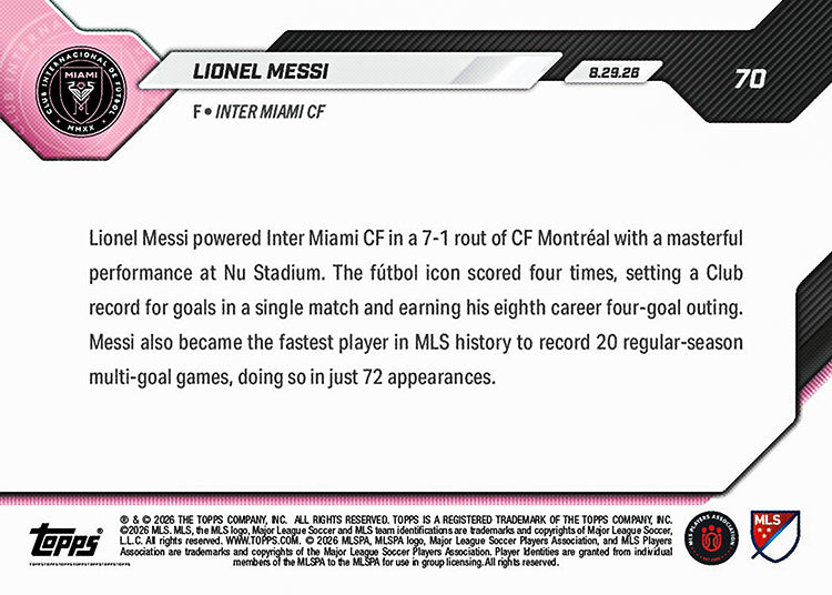 Lionel Messi - 2026 MLS Topps NOW® #70 四球寫下隊史【團購】