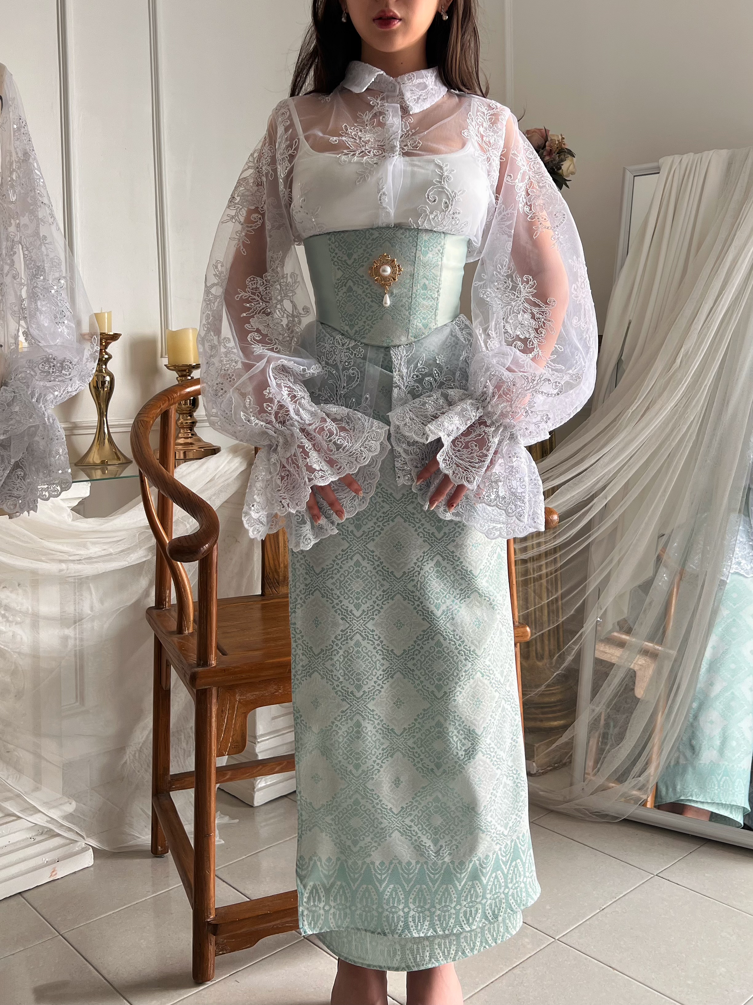 Songket Underbust Corset and Pareo Skirt in Mint Green with Angel Blouse in True White