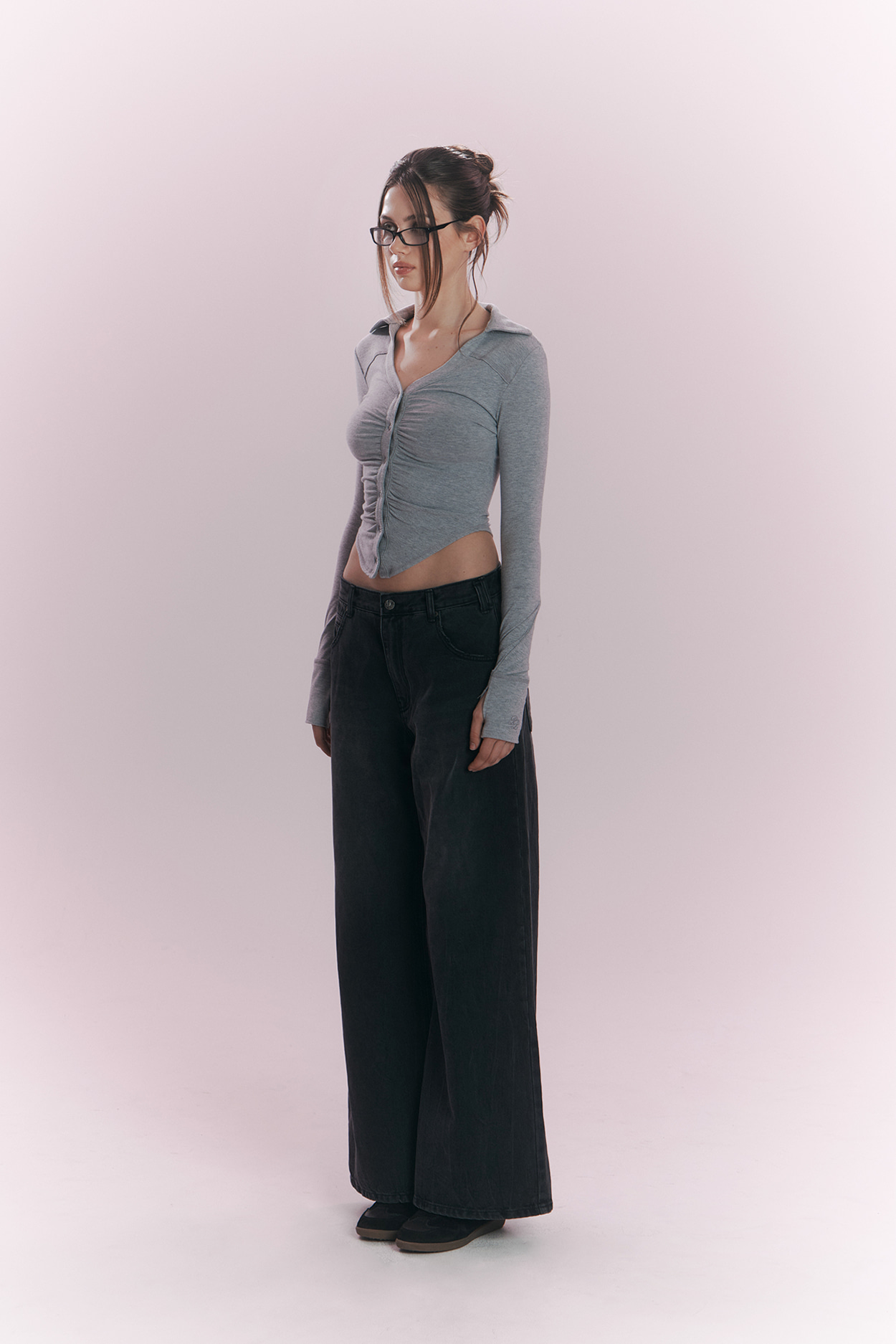 pleaseNOFOLLOW - Mamie Snap Button Slim Shirts (Melange Grey)