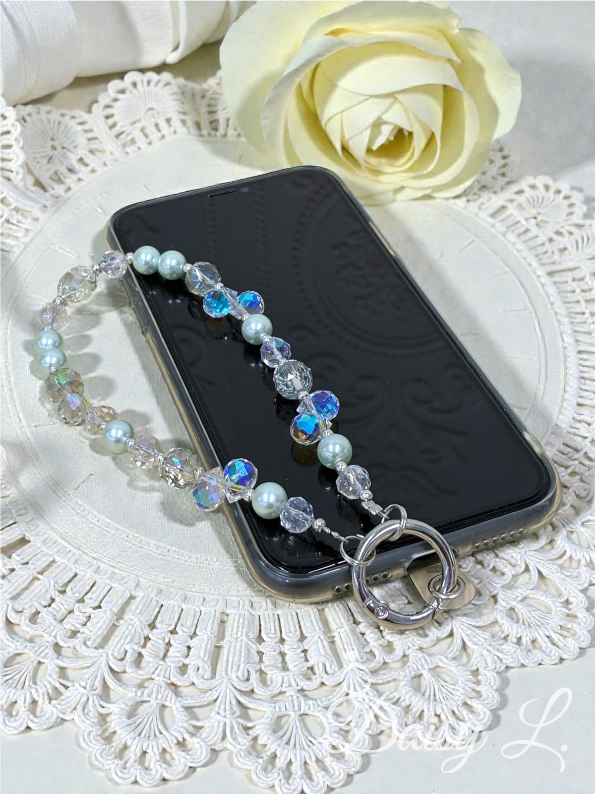 淺綠色水晶手機掛繩