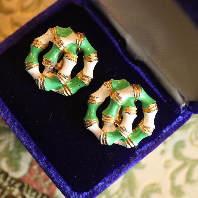 C.a. 1950-60s Green & White Nautical Double Ring Clip Earrings from Germany (MZ061)