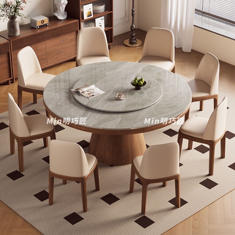 實木圓桶岩板餐檯組合 細單位家用圓餐檯連轉盤連椅 dining table