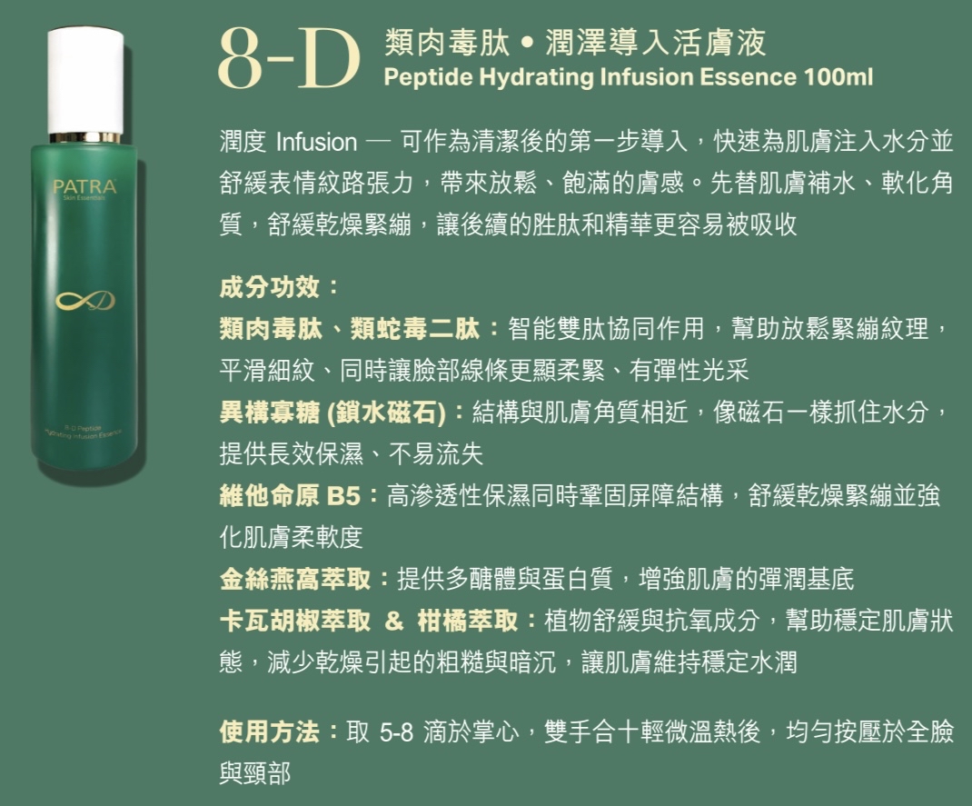 [美容展優惠✨] PATRA新產品8-D 類肉毒肽・潤澤導入活膚液 100ml