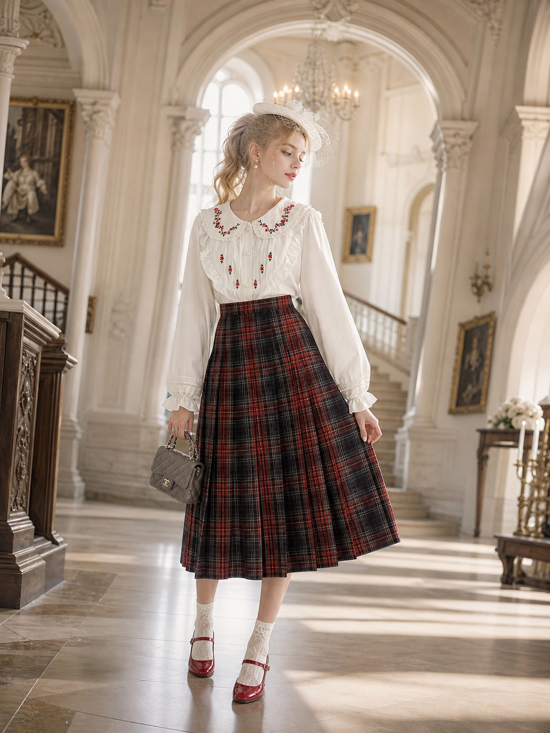 薔薇莊園的午茶時光 ∙ 紅綠小花刺繡蕾絲翻領襯衫 Afternoon Tea at the Rose Manor ∙ Red & Green Floral Embroidered Lace Collar Blouse