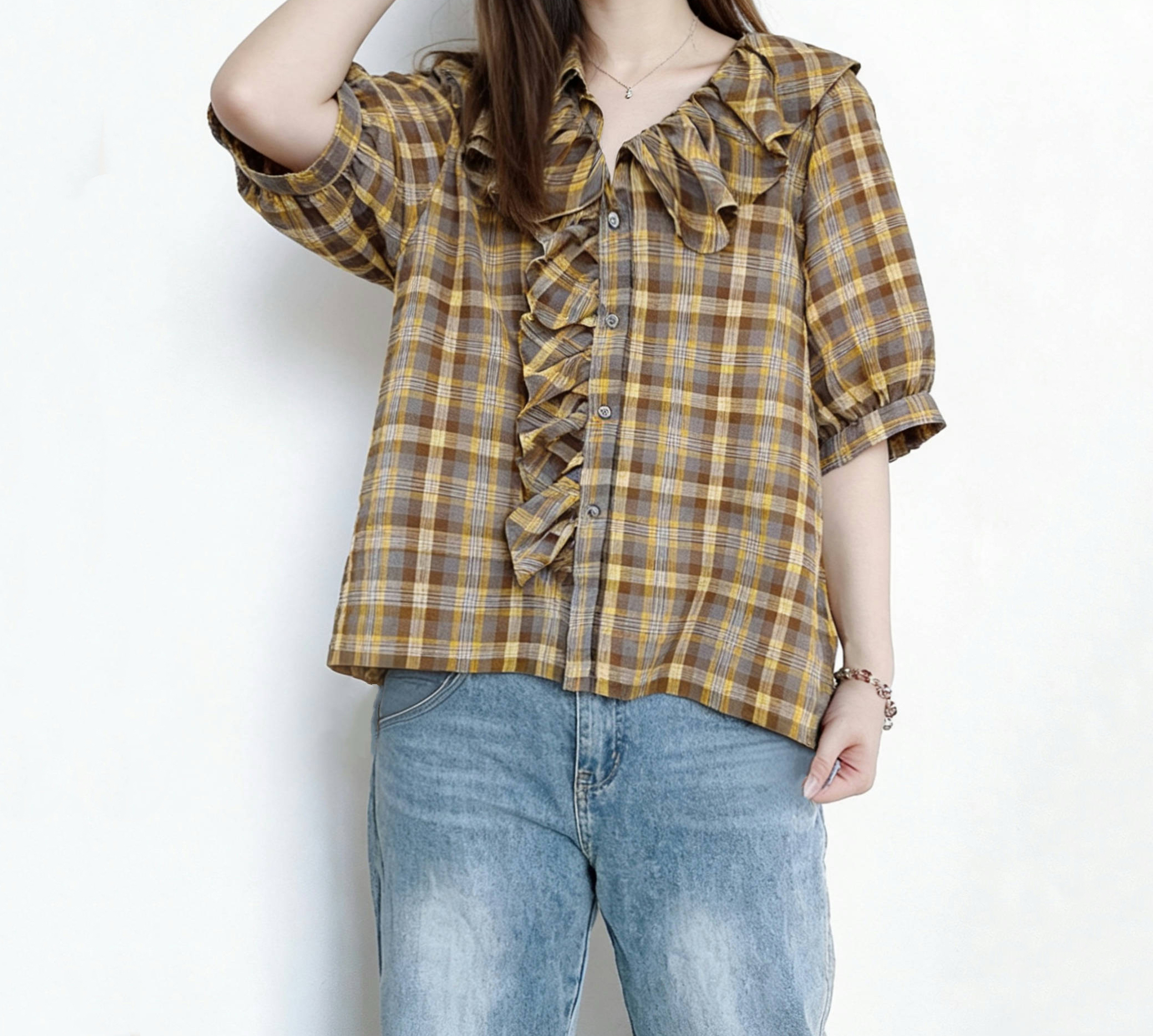 🌼初春優惠🍀 撞色格仔Ruffle Top