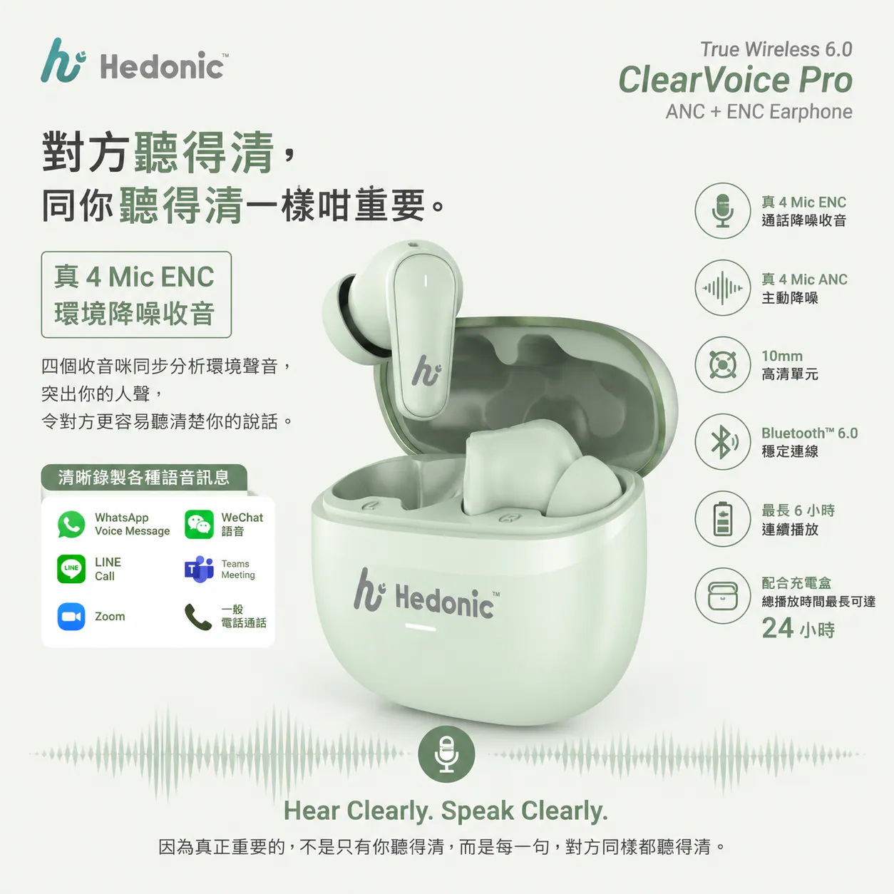 香港行貨 Hedonic ClearVoice Pro True Wireless 6.0 ANC + ENC 入耳式真無線藍牙耳機 81093 / 81094 / 81095
