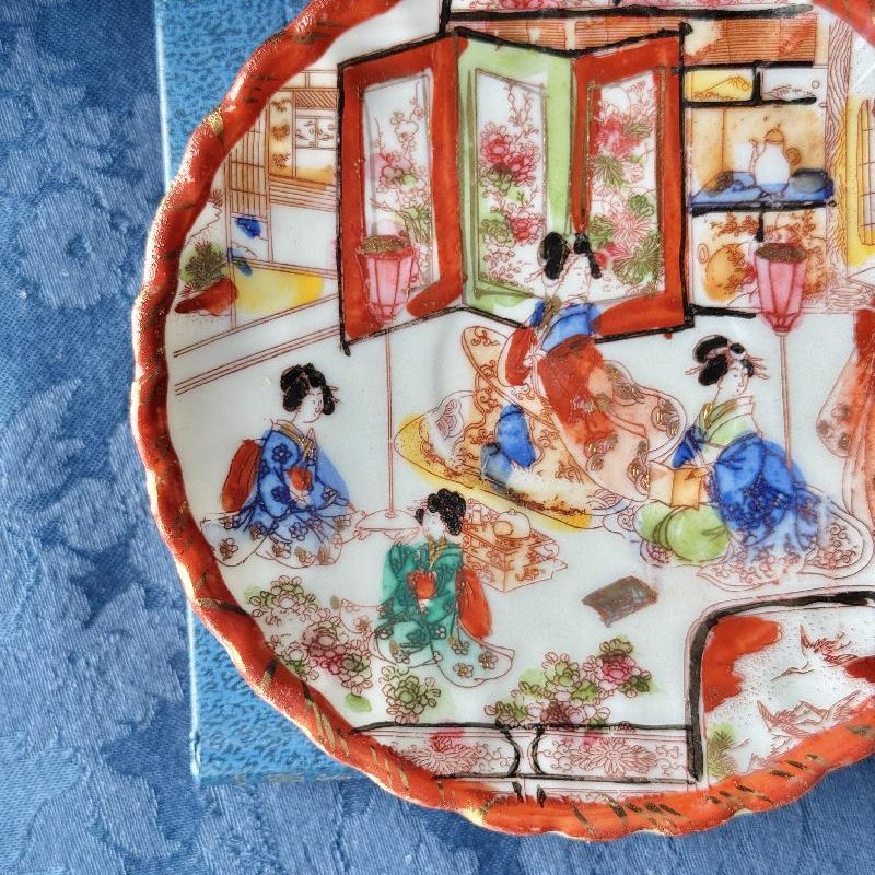 Vintage Pre-1950s Egg-Shell Quality Hand-Painted Japanese Tea Set Pair – Elegant Kimono-Clad Ladies in Traditional Home Scenes(MT2033)