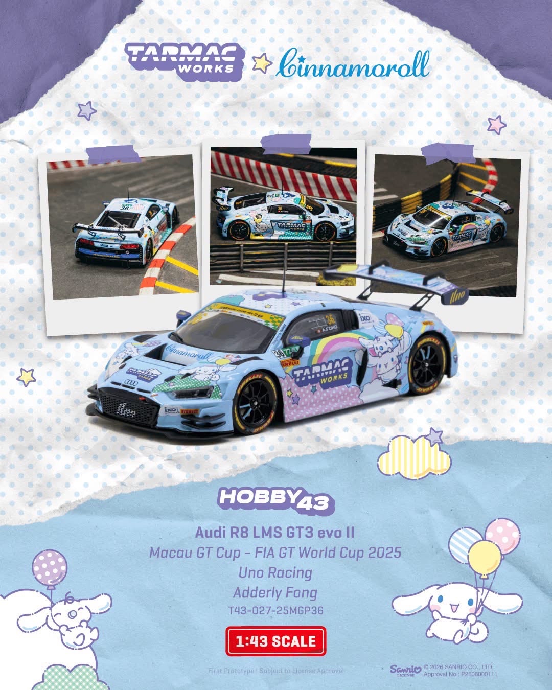 （預訂 Pre Order) Tarmac Works ( T43-027-25MGP36 ) 1/43 Audi R8 LMS GT3 evo II Macau GT Cup - FIA GT World Cup 2025 Uno Racing Adderly Fong - Officially licensed White Green