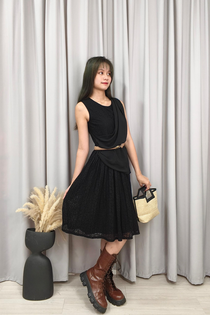 25793 Noir Draped Lace Midi Dress