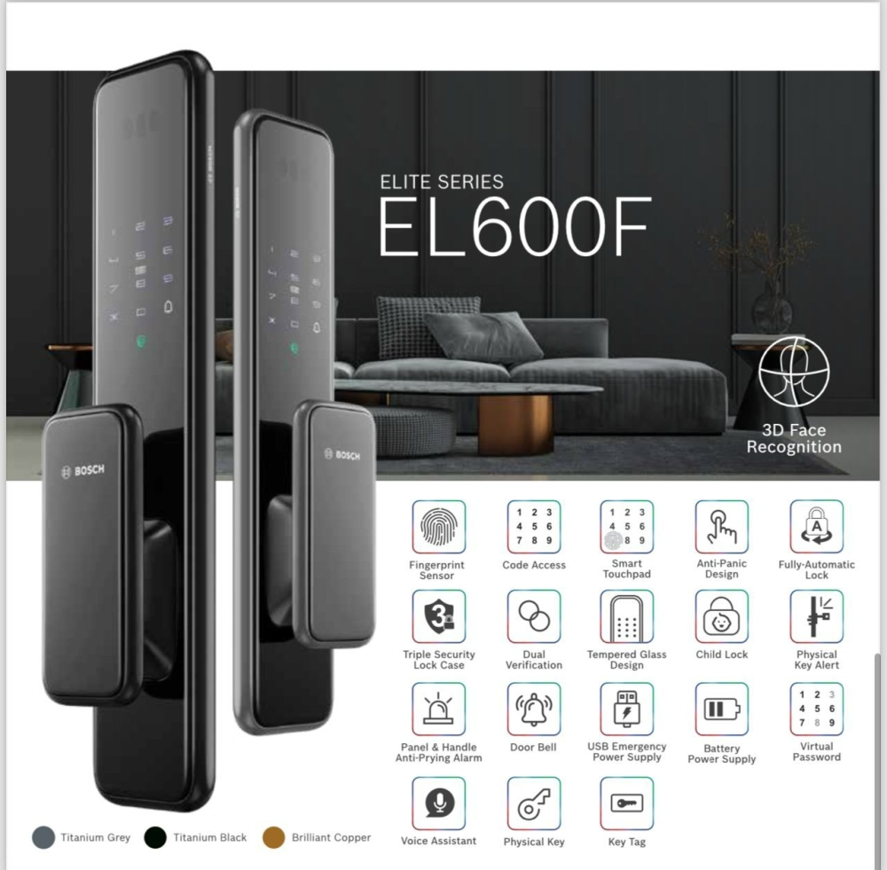 Bosch EL600F 智精系列 智能電子門鎖 三色 (納米黑 / 墨岩灰 / 琥珀金) (面容識別) (送原廠安裝）