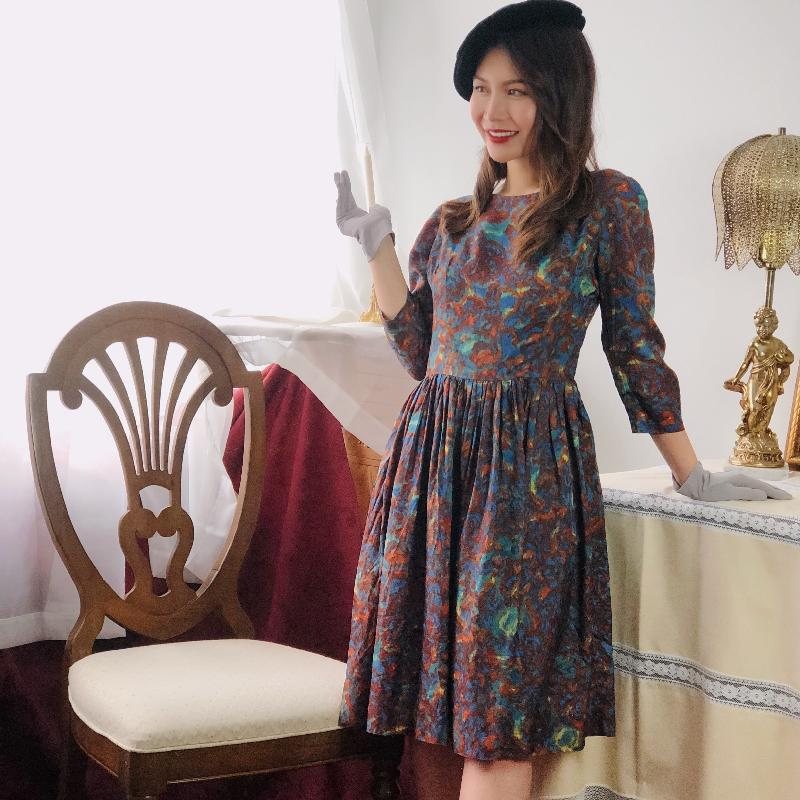 RARE！C.a. 1950s Abstact Novelty Pattern Day & Night Dress(MT894)