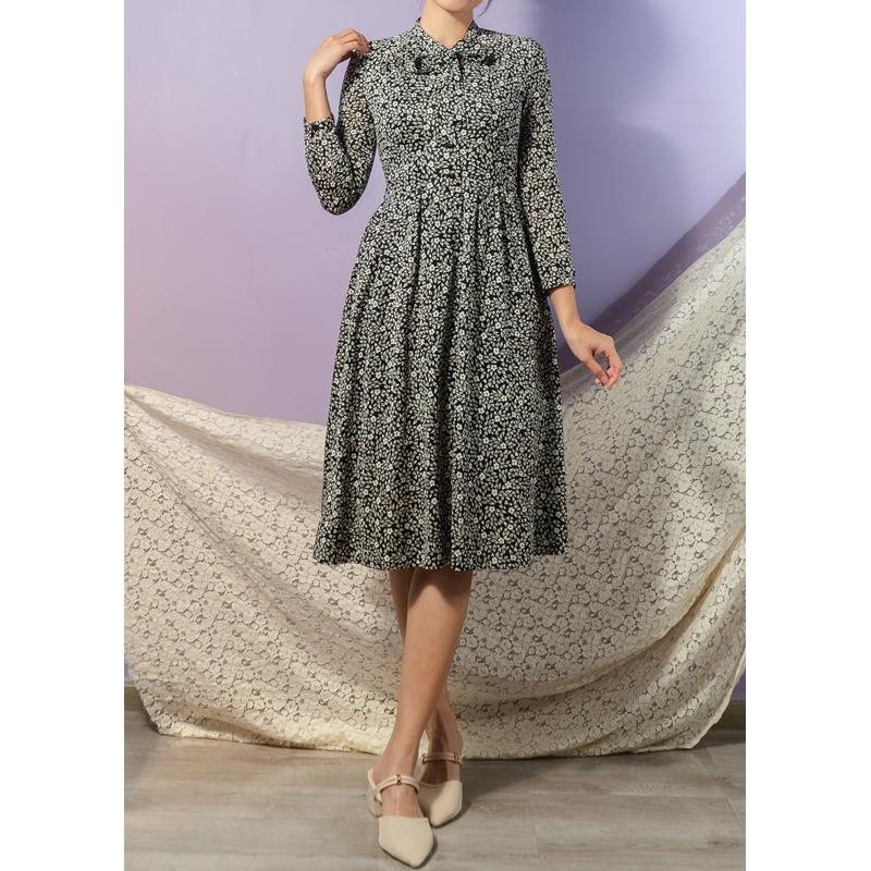 Vintage Japanese Timeless Black & White Floral Tie Collar Dress (MT1608-111)