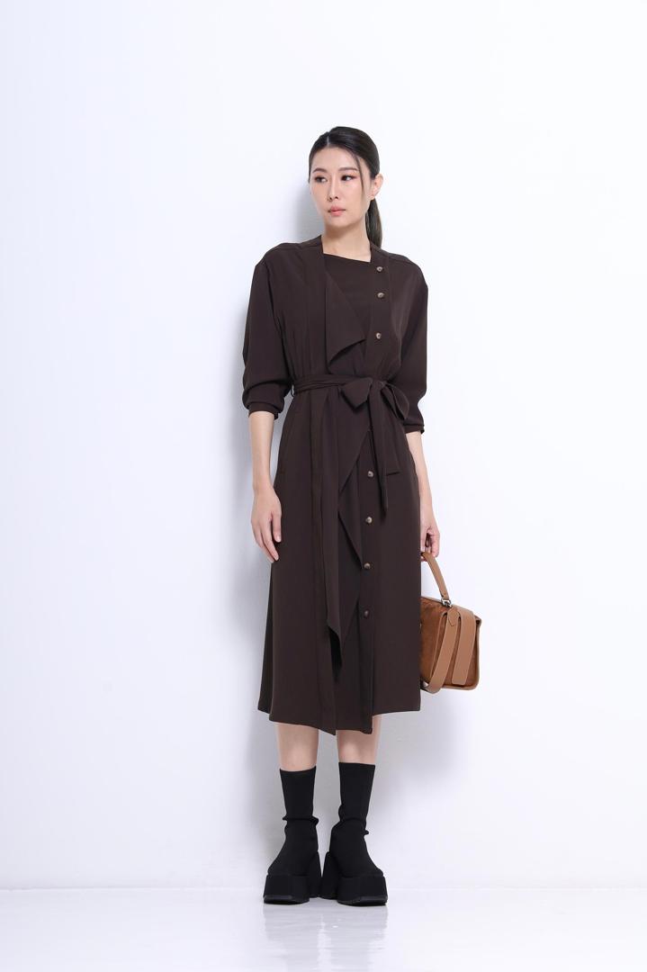 CD2092 Elegant Asymmetrical Button Tie-Waist Midi Dress