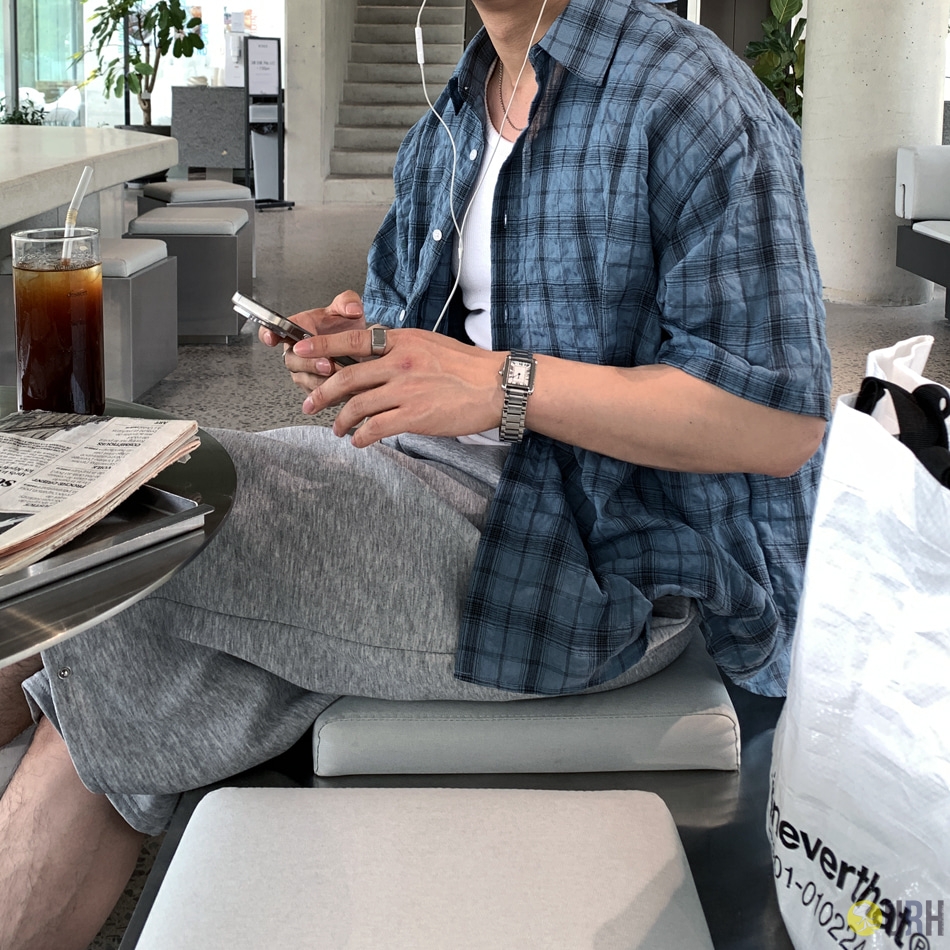 【100%保證韓國直送】韓系 Signature 寬版純色細格紋短袖襯衫 👕 [6 color] RL114946