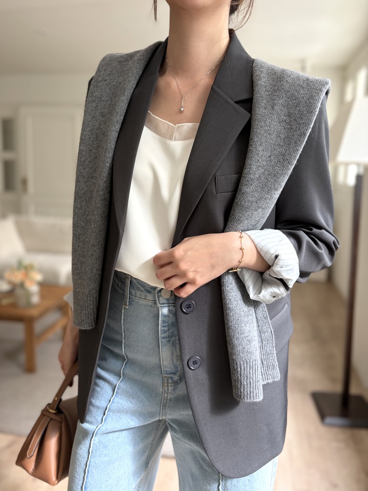 Margot Blazer with Striped Cuffs (Charcoal)