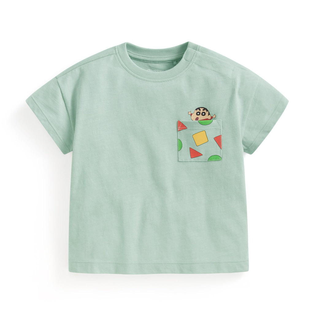 💚預訂 台灣直送💚蠟筆小新系列三色口袋印花竹節純棉短袖T恤