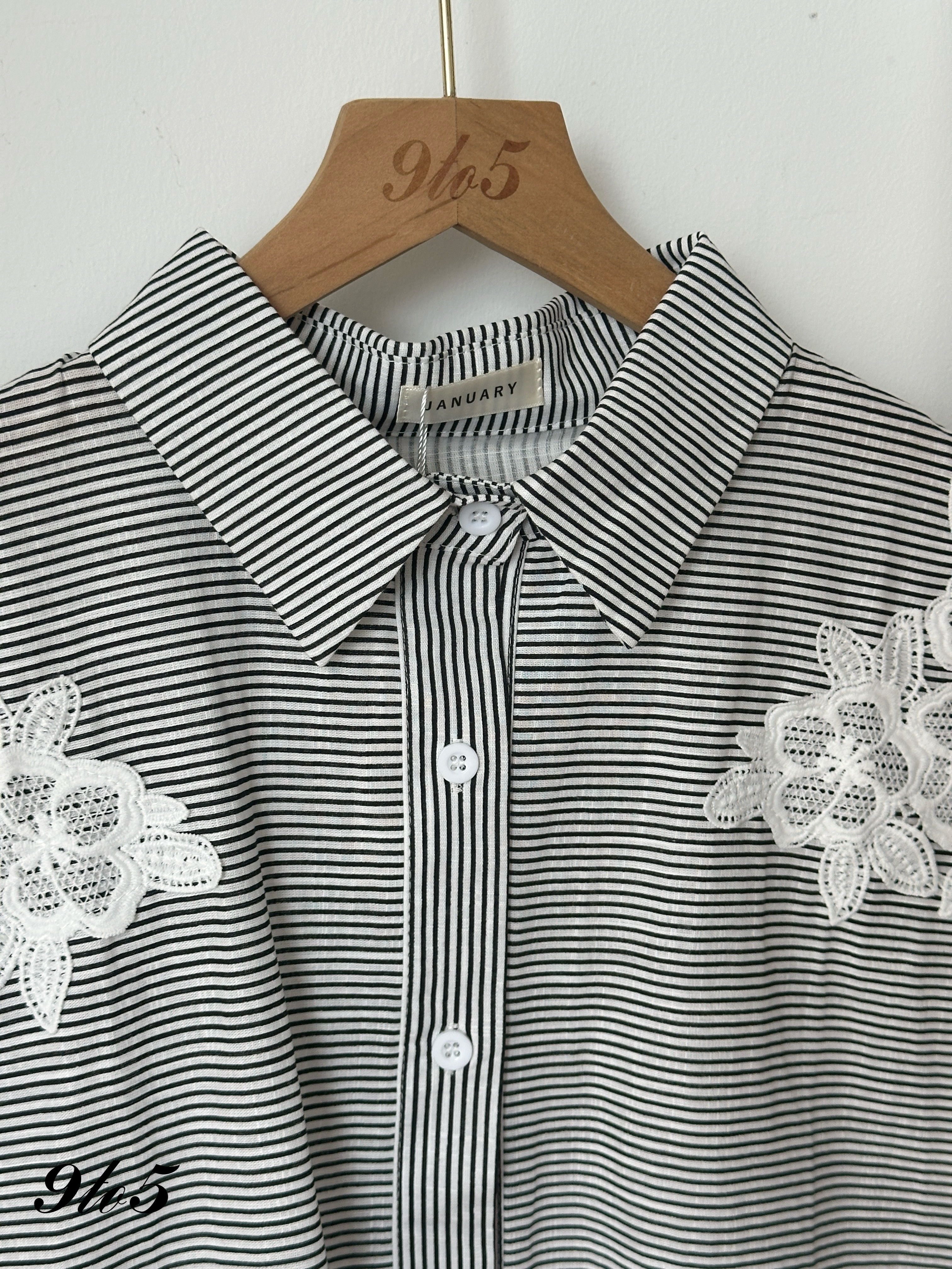 T4259 Cape Sleeve Embroidery Floral Shirt - Black & Stripe