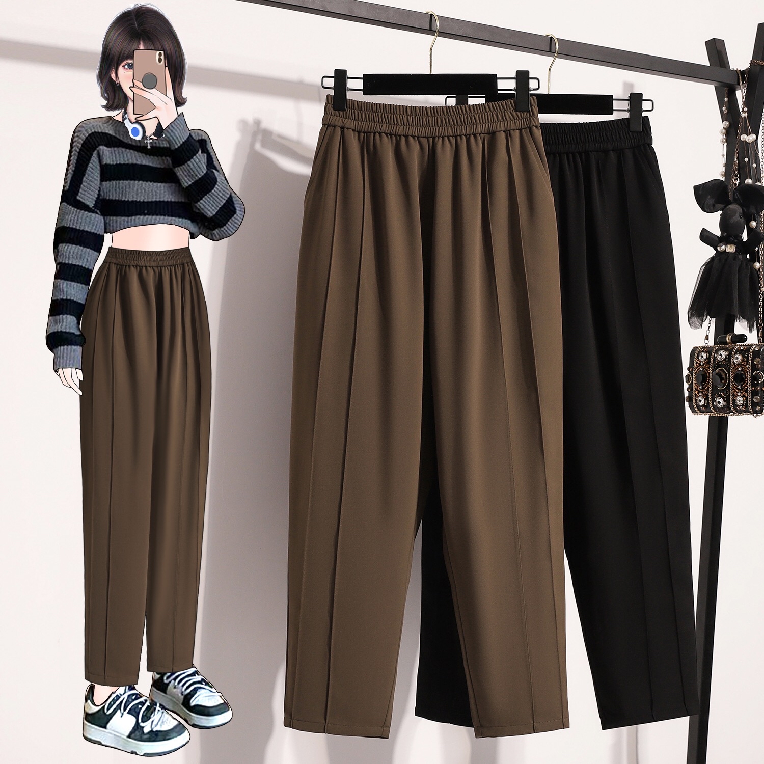 B313(66540) 韩版边暗双线大版显瘦松紧腰黑咖烟管直筒长裤