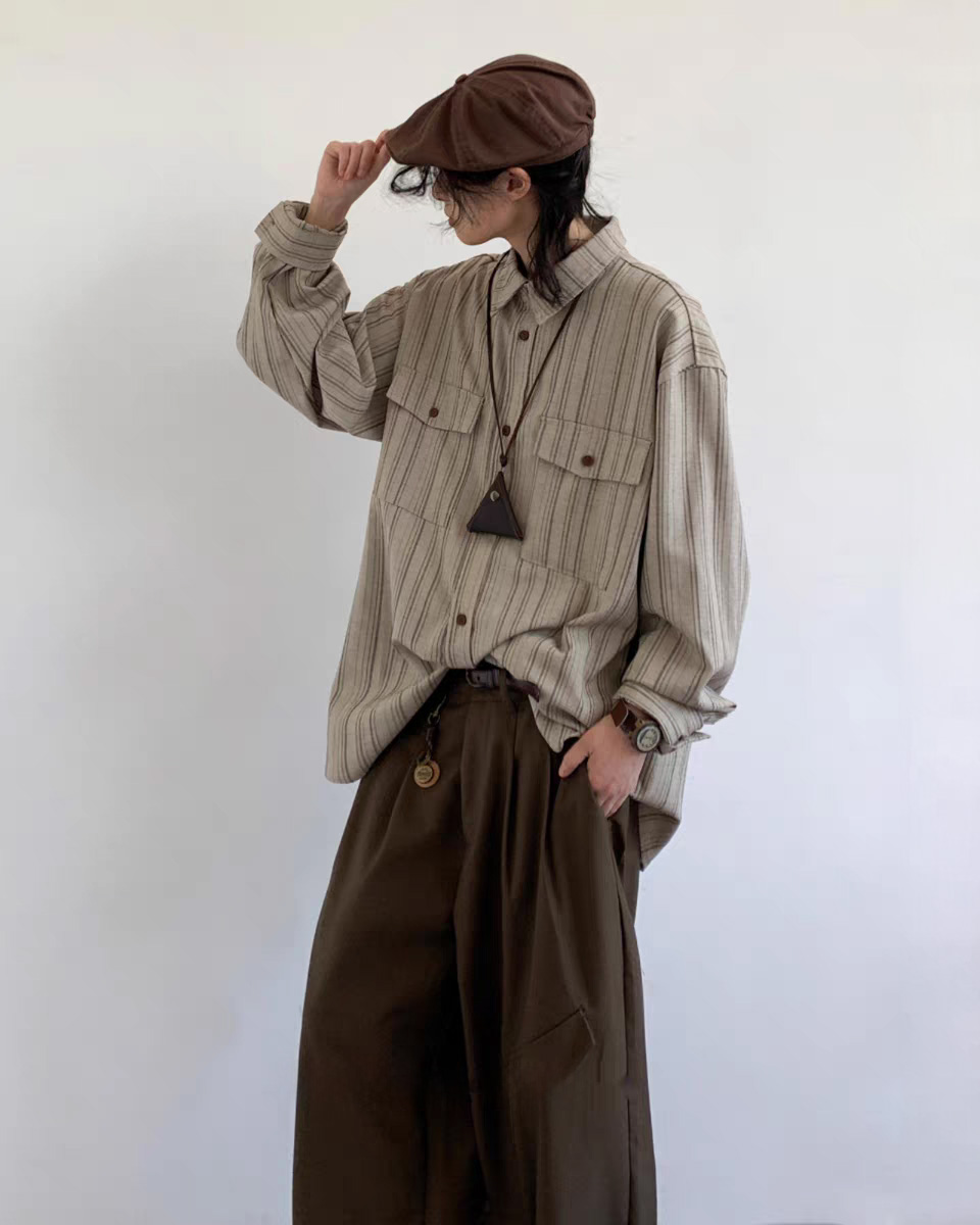 W1003日系條紋長袖恤衫